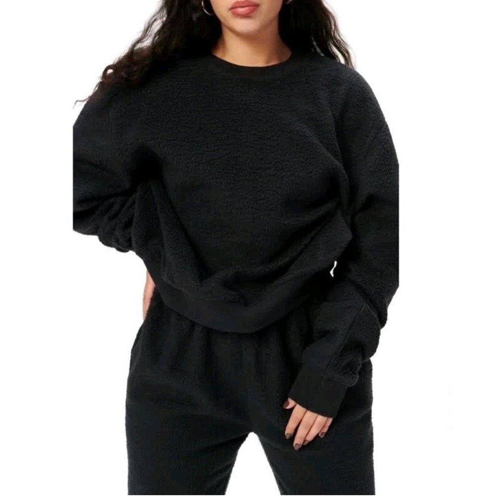 Good American Black‎ Sherpa Oversize Sweatshirt Fleece Pullover Size 1 NEW